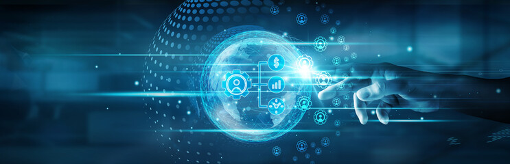 ERP (Enterprise Resource Planning). Hand touching global network connection, integrating seamless...