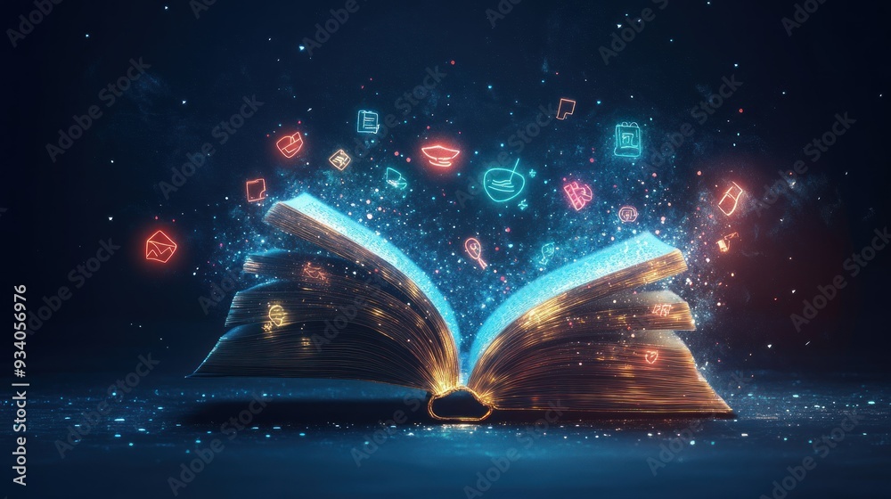 Poster Open Book with Glowing Symbols and Sparks