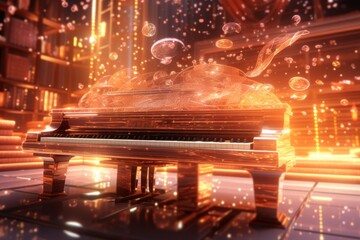 Vibrant orange ad banner  music notebook, glowing notes, piano keys under night sky