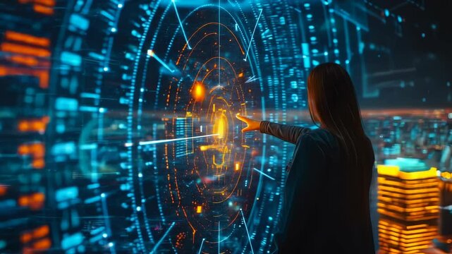 Nighttime Precision ESG Investment Analysis - Businesswoman Interactive Data Visualization, Cityscape, Futuristic Technology