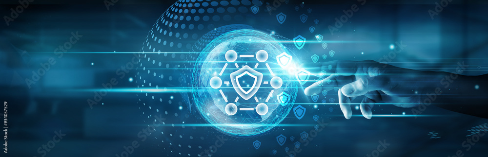 Poster hand touching global network connection and enhancing security protocols, ensuring safe data, implem