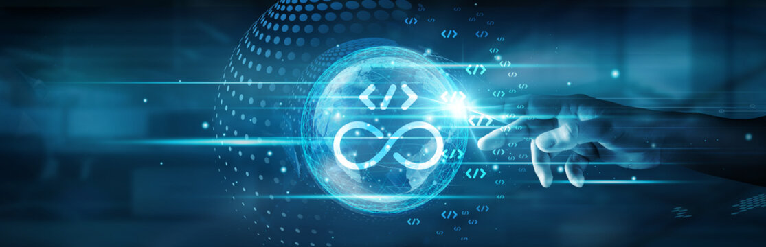 Hand touching global network connection and enabling seamless integration, continuous deployment, automated testing, monitoring, and scaling across cloud environments.
