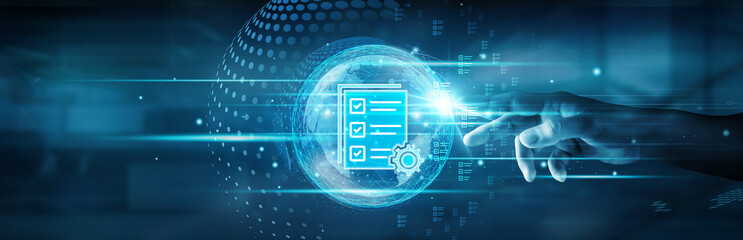 Hand touching global network connection and managing tasks, coordinating resources, ensuring...