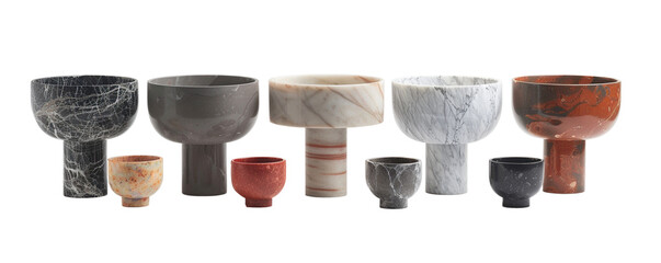 Collection of modern minimalist marble pedestal bowls isolated on transparent background. Generative AI