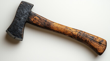 Rustic Wooden Handle Axe with Forged Steel Head on White Background - Vintage Handcrafted Tool