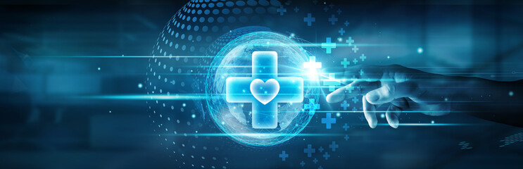 Healthcare. Hand touching global network connection and transforming healthcare through advanced technology, improving patient outcomes and expanding access to medical services worldwide.