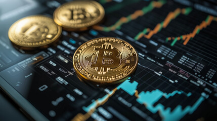 Bitcoin Cryptocurrency Coins on Digital Trading Screen with Financial Data - Blockchain Investment and Market Analysis