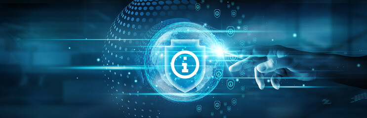 Information security. Hand touching global network connection and ensuring information security...