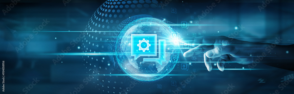 Poster it consulting. hand touching global network connection and optimizing business operations through in