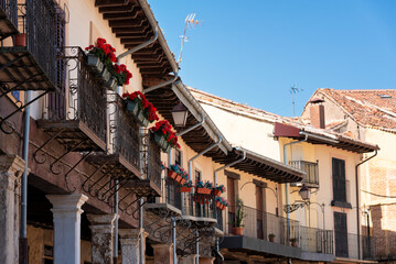 Obraz premium A row of balconies with potted plants and flowers in th Main Square of Riaza. The balconies are decorated with red flowers and the buildings are white, Segovia, Spain.
