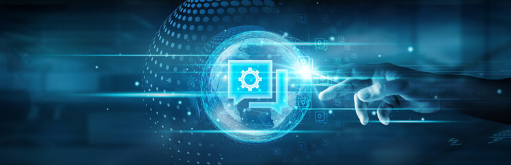 It consulting. Hand touching global network connection and optimizing business operations through innovative technology solutions and strategic IT consulting.