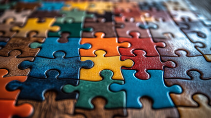 Close-Up of Colorful Jigsaw Puzzle Pieces Assembled on a Wooden Surface - Problem Solving and Creativity Concept