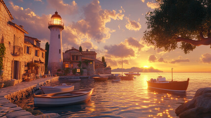 Scenic Coastal Village at Sunset with Lighthouse, Boats, and Golden Light Reflecting on Calm Waters