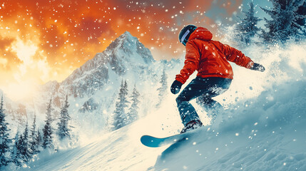 Thrilling Snowboarding Adventure at Sunrise &ndash; Snowboarder in Red Jacket Carving Down Powdery Mountain Slope