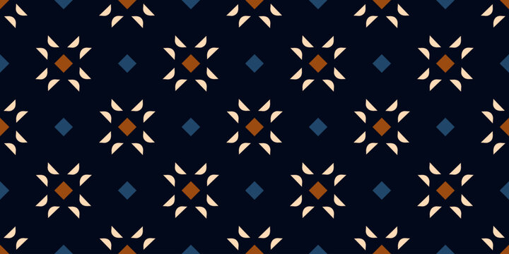 Elegant diamond pattern classic patchwork style stars background. Marine blue banner with small orange squares starry motif. Modern style fabric design textile swatch ladies dress allover print block