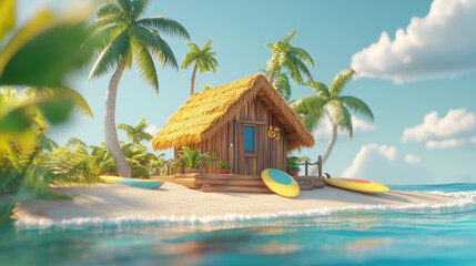 Tropical Beach Hut with Thatch Roof Surrounded by Palm Trees and Surfboards on Sunny Island