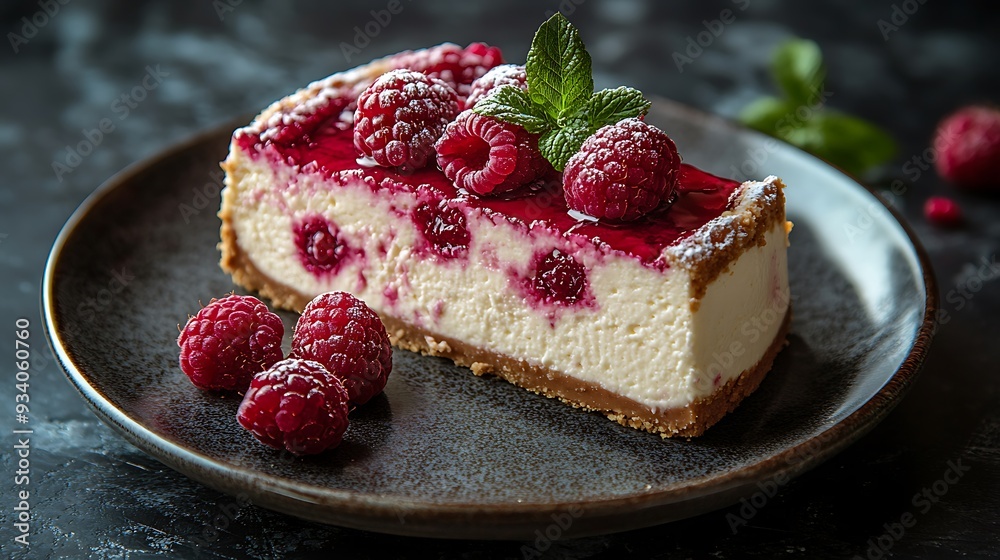 Wall mural A slice of cheesecake with raspberry topping and fresh raspberries on a plate.