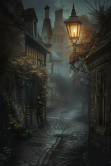 Nostalgic Glow: An Old-fashioned Streetlight Illuminating a Tranquil, Misty Cobblestone Street at Night