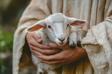 The hands of Jesus Christ gently holding a lamb