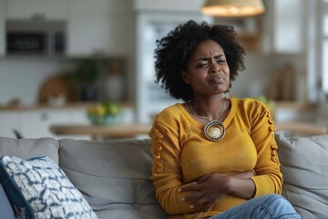 Black woman sitting on a sofa in her home, clutching her stomach in pain, showcasing the struggles of dealing with digestion issues, constipation, endometriosis