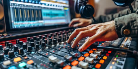 Sound Engineer's Hand on Mixing Console