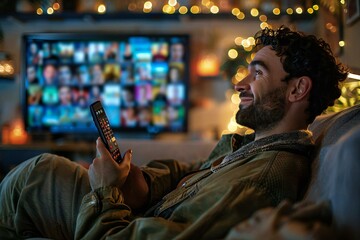 Man sitting on couch in cozy living room, browsing through various movie options on a streaming service by using a remote control. TV screen displaying the interface of the video