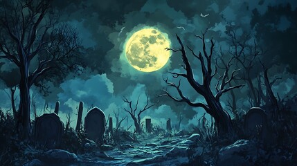 Spooky Moonlight Cemetery