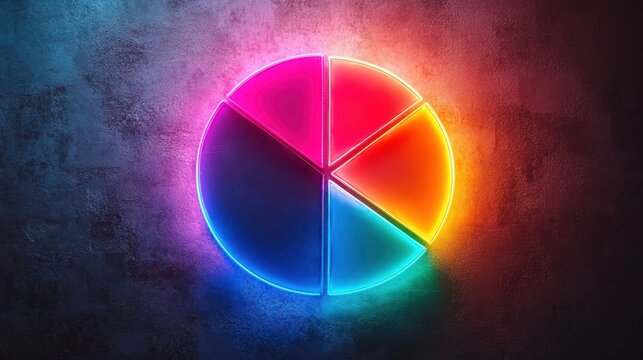 Vibrant Neon Pie Chart on Dark Concrete Background - Colorful Data Visualization Concept with Glowing Segments in Blue, Pink, Orange, and Yellow - Modern Business and Technology Illustration