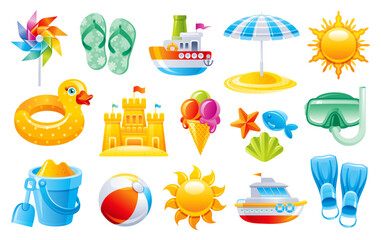 Beach toys in 3d cartoon render. Summer vector icons. Plastic sea vacation objects. 3d ball, inflatable ring, sand mold, sand castle, pinwheel, mask, toy boat, bucket. Cute beach render element