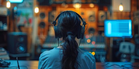 Obraz premium Woman Listening to Music in a Recording Studio