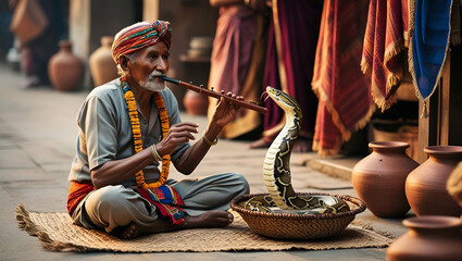 Indian Snake Charmer  in Traditional Street Scene