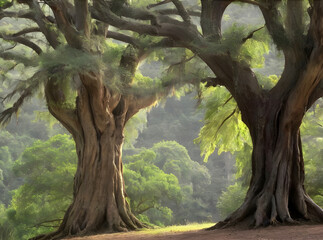A couple of old trees that are next to each other