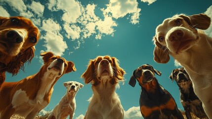 group of dogs standing in half circle and looking attentively, curious, picture taken from below