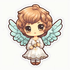 Fototapeta premium Cute angelic character with curly hair and pastel wings holding a star charm
