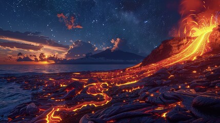 An evening view of an island volcano in mid-eruption, with streams of glowing lava flowing into the sea under a starry sky.