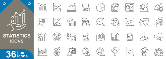 Statistics icons set. Data analysis, charts, graphs, line chart, trend, percentage, infographics, statistical report and more. vector illustration.