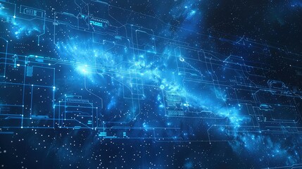 Obraz premium An expansive view of a blue nebula with stars, where subtle, high-tech digital grids and interfaces are superimposed, creating a sci-fi atmosphere.