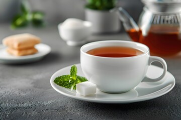 Refreshing Cup of Tea with Mint and Sugar on a Stylish Table Setting