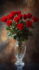 Fototapeta premium Bouquet of red roses in a crystal vase, classic still life. Romantic and elegant concept