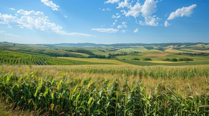 An expansive view of vast cornfields spreading across the undulating terrain of rolling hills