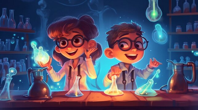 Children conducting fun science experiments in a laboratory 2d cartoon kids background