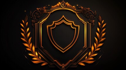Obraz premium A decorative emblem featuring a shield surrounded by ornate laurel leaves, designed with a golden glow on a dark background.