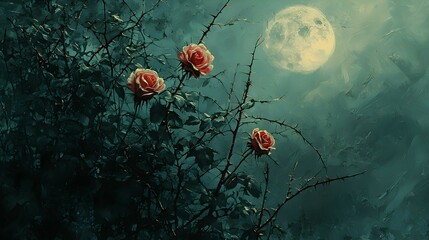 Romantic Roses with Full Moon Night Sky