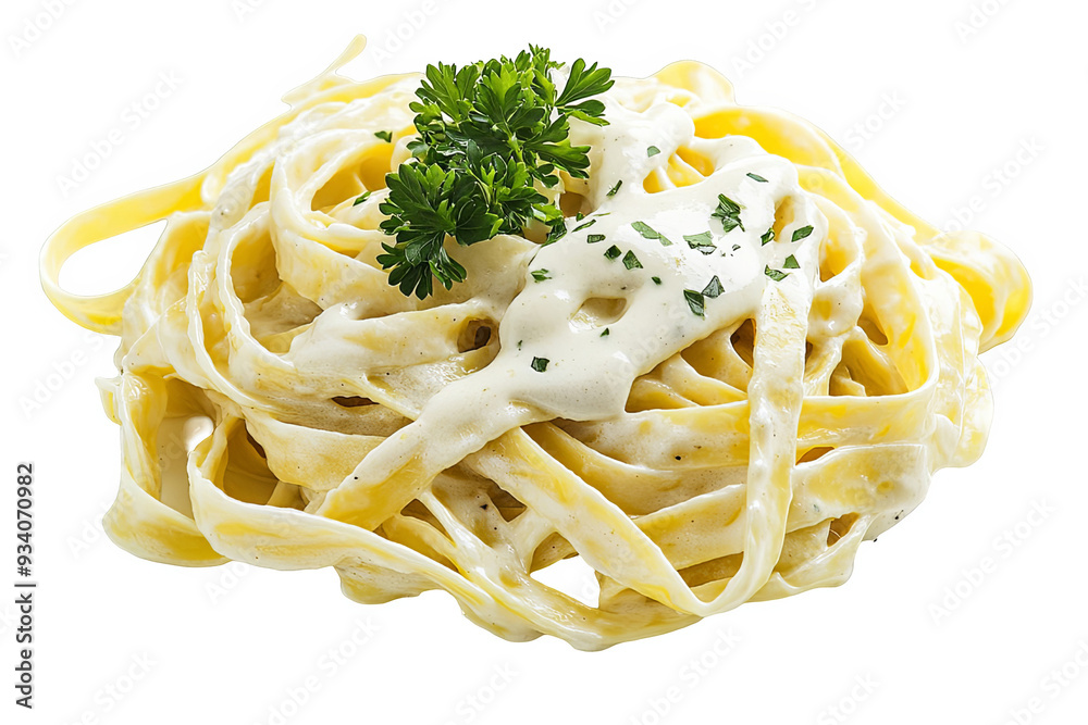 Wall mural A close-up shot of a plate of fettuccine alfredo pasta with a garnish of parsley on a white transparent background