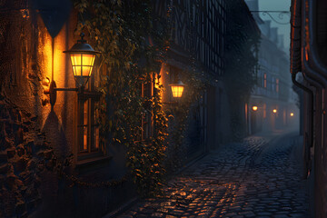 Fototapeta premium Nostalgic Glow: An Old-fashioned Streetlight Illuminating a Tranquil, Misty Cobblestone Street at Night