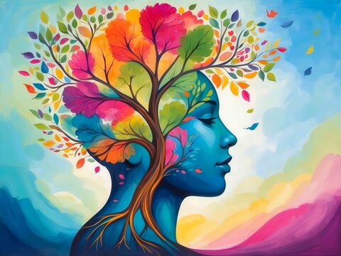 Human head growing inside tree, its colorful branches and leaves representing emotional strength and growth. 