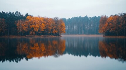 Autumn Reflections in a Misty Lake