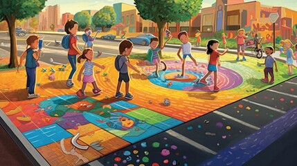 Children creating a giant chalk mural on a city sidewalk 2d cartoon, kids background