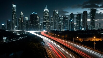 Fototapeta premium City skyline with night light trails and dark clouds