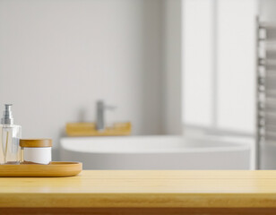 Modern White Bathroom with Wooden Board and Bath Accessories Mockup